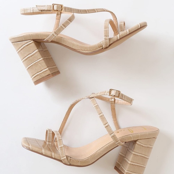 Lulus Nude Crocodile-Embossed Strappy High Heel Sandals Size 9 - Picture 2 of 6